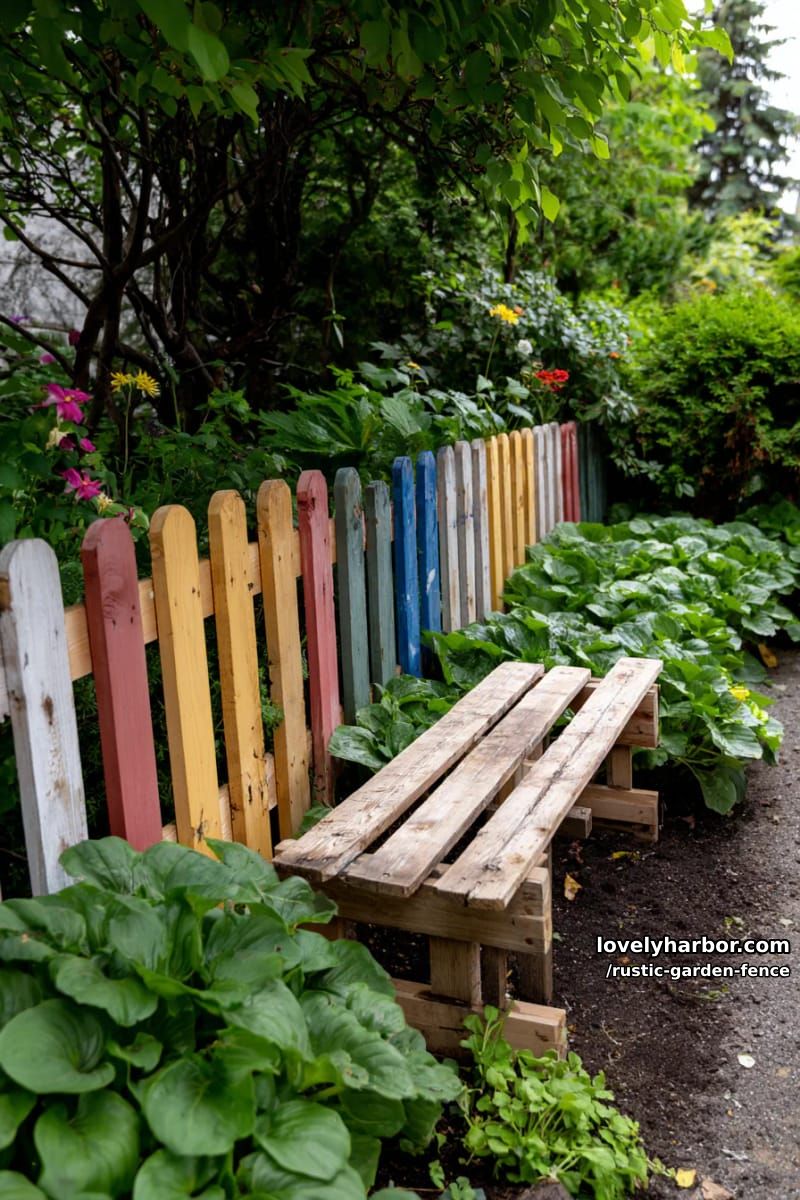 colorful pallet garden fence against leafy garden bed and wooden bench 1