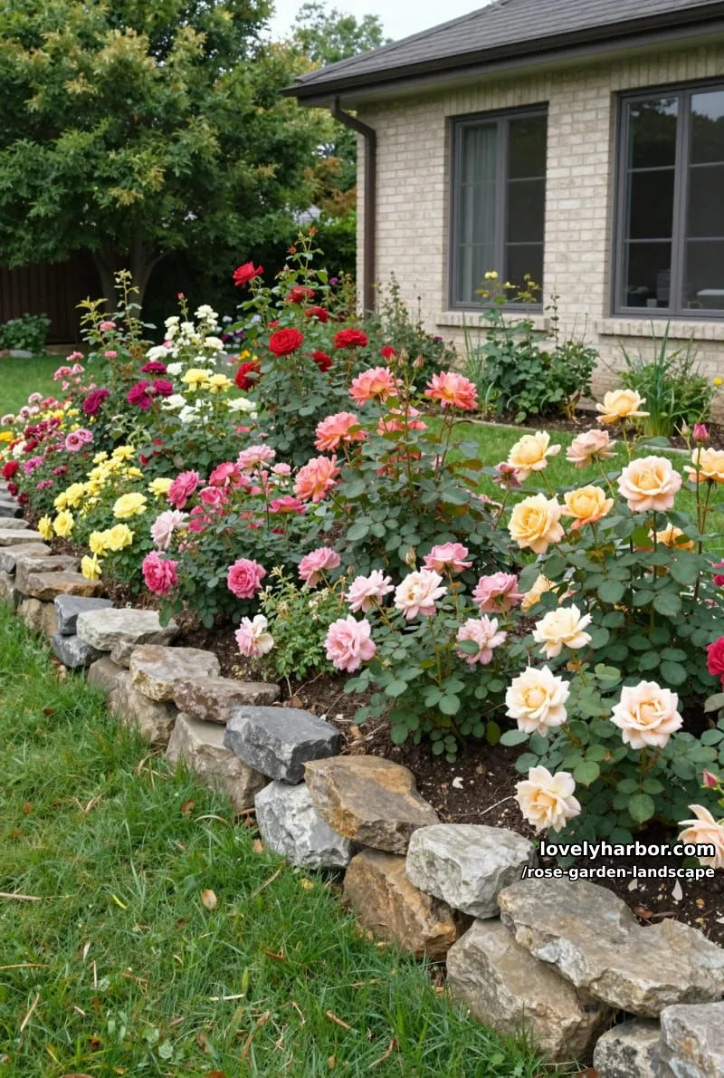 colorful rose garden bed with stone retaining wall in front of brick house. 1