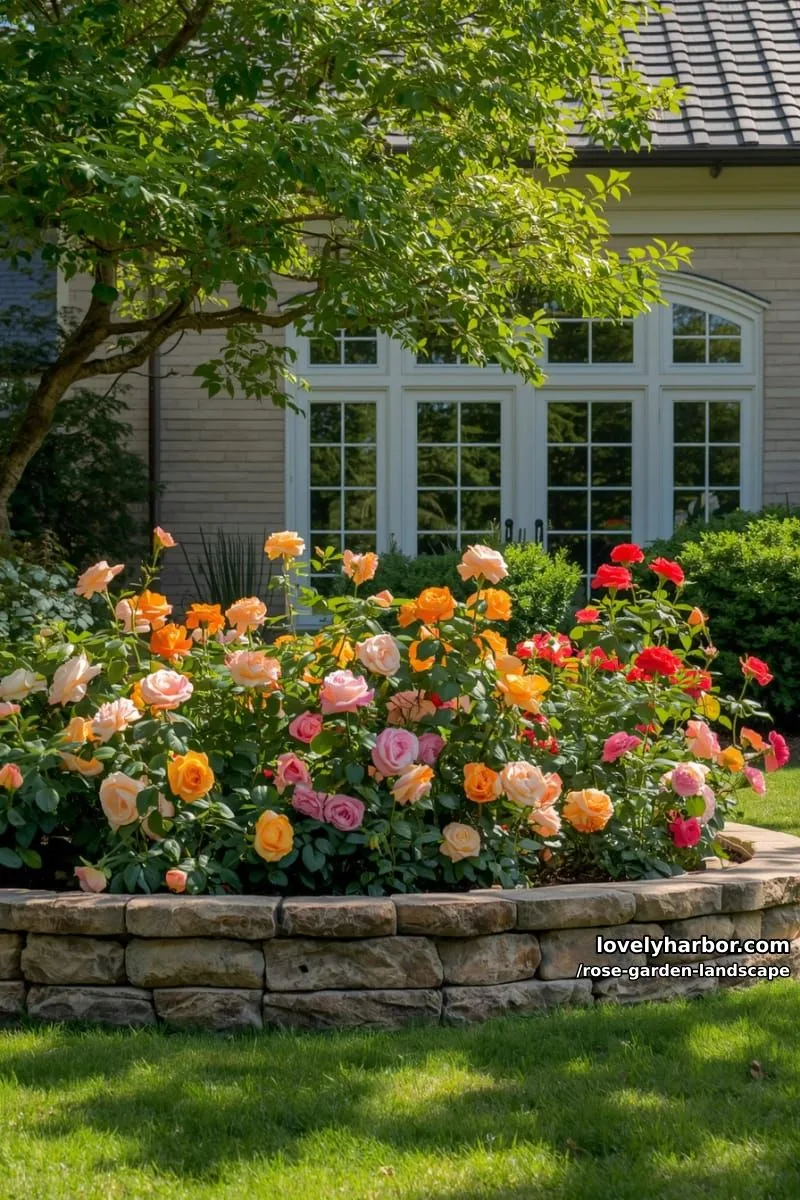 colorful rose garden bed with stone retaining wall in front of brick house. 1