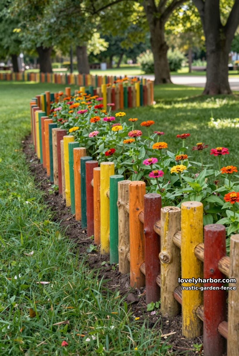 colorful rustic fence made of vertically arranged wooden logs 1