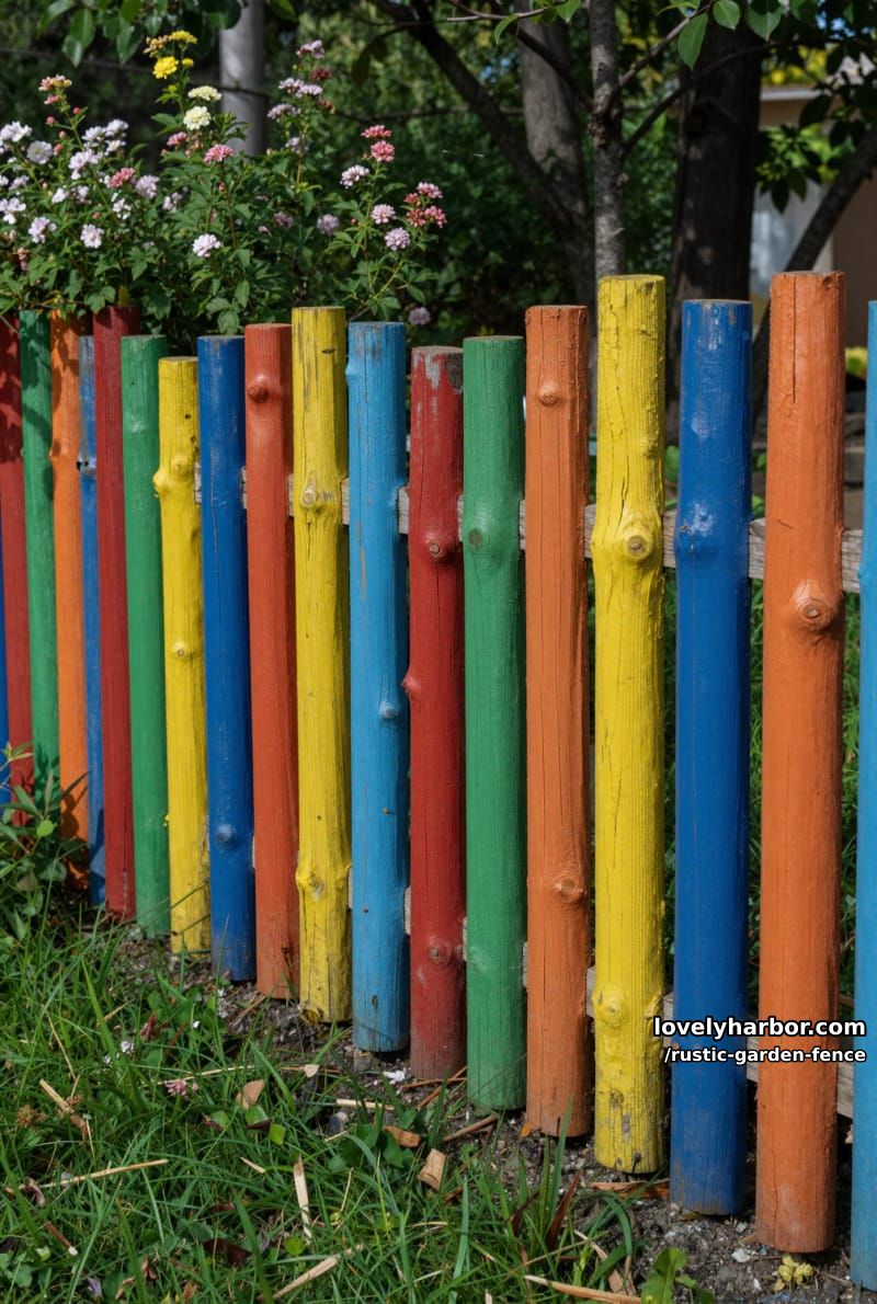 colorful rustic fence made of vertically arranged wooden logs 1