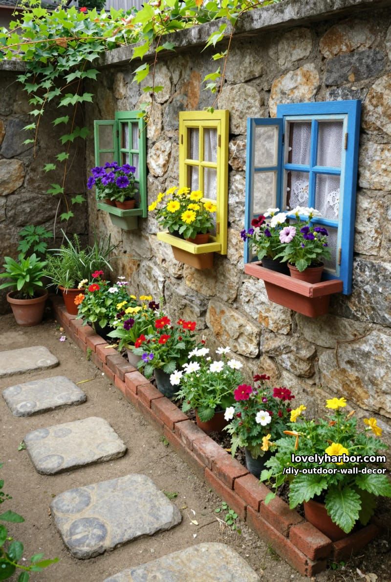 colorful window frames with flower pots on rustic garden stone wall 1