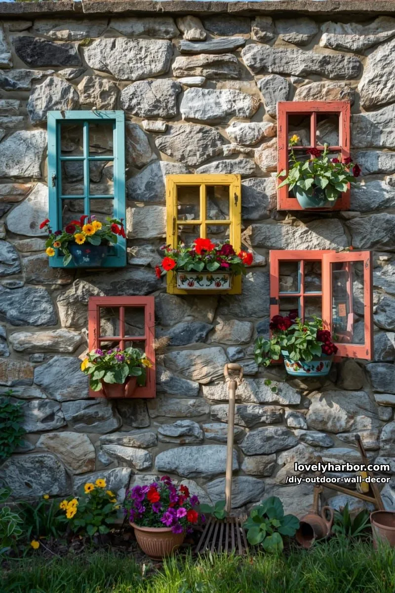 20 Easy DIY Outdoor Wall Decor Ideas You'll Love 17 colorful window frames with flower pots on rustic garden stone wall 1
