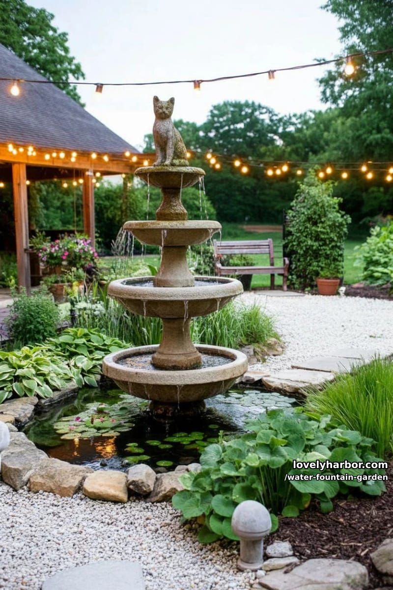 compact garden in the evening with stone tiered fountain, pond, cat statue, and string lights. 1