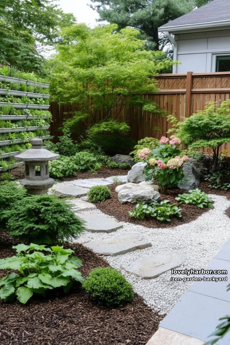 compact japanese garden with gravel, stones, ferns, and vertical planters. 1