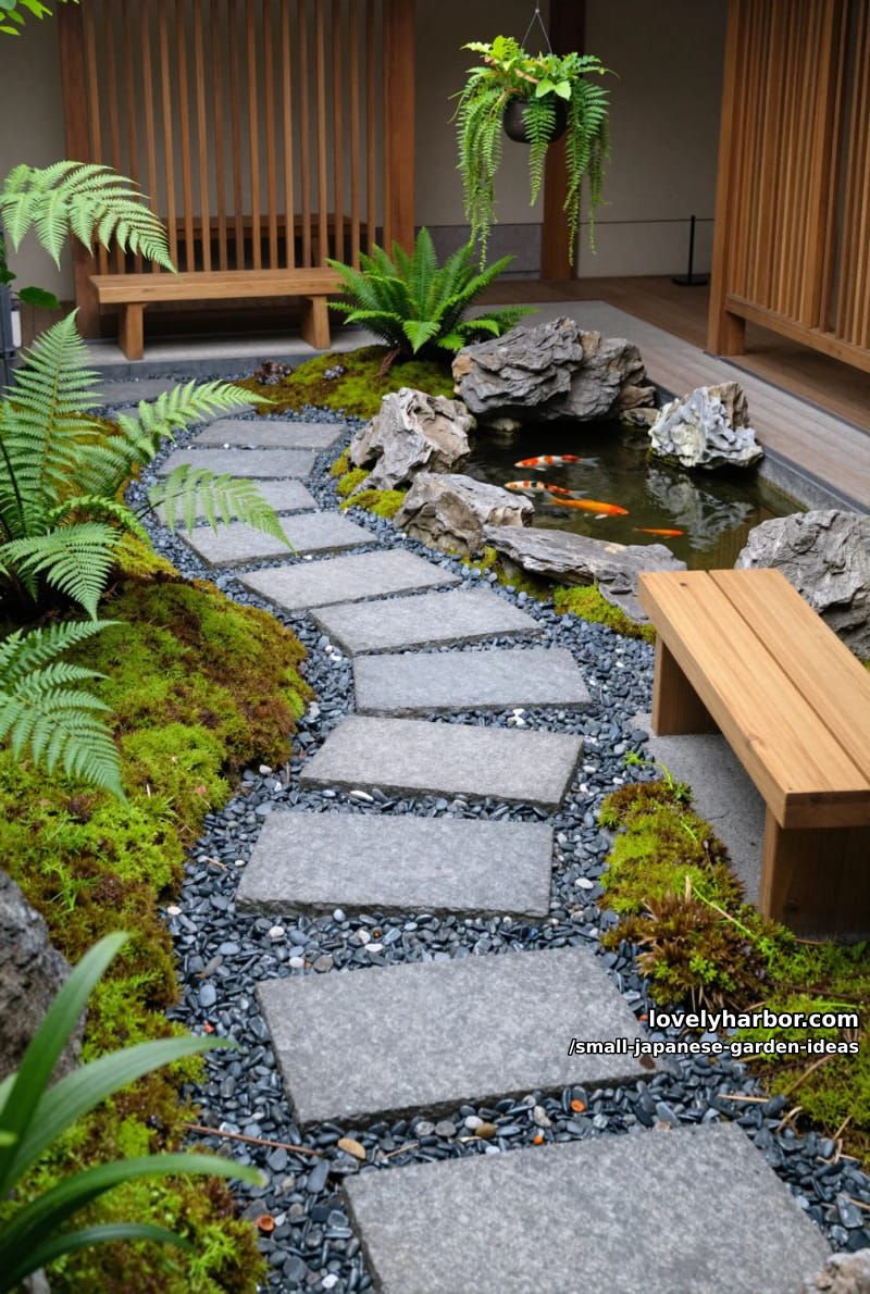 compact japanese garden with stone paths, koi pond, and wooden benches. 1