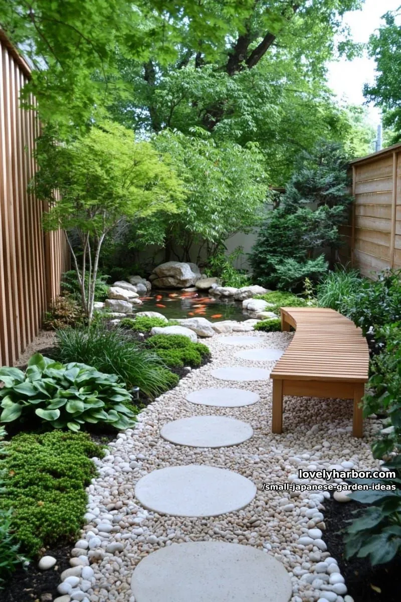 20 Small Japanese Garden Ideas for a Zen Atmosphere 3 compact japanese garden with stone paths, koi pond, and wooden benches. 1