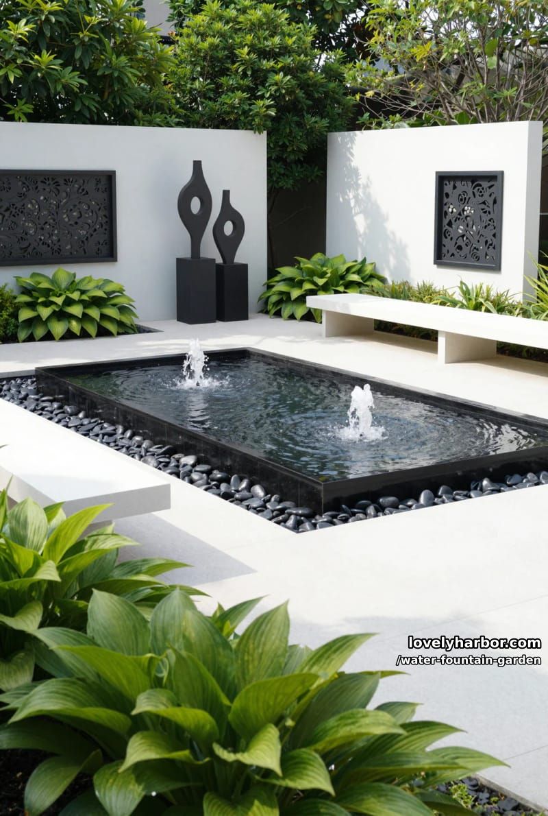 contemporary black reflecting pool with water jets and modern sculptures. 1