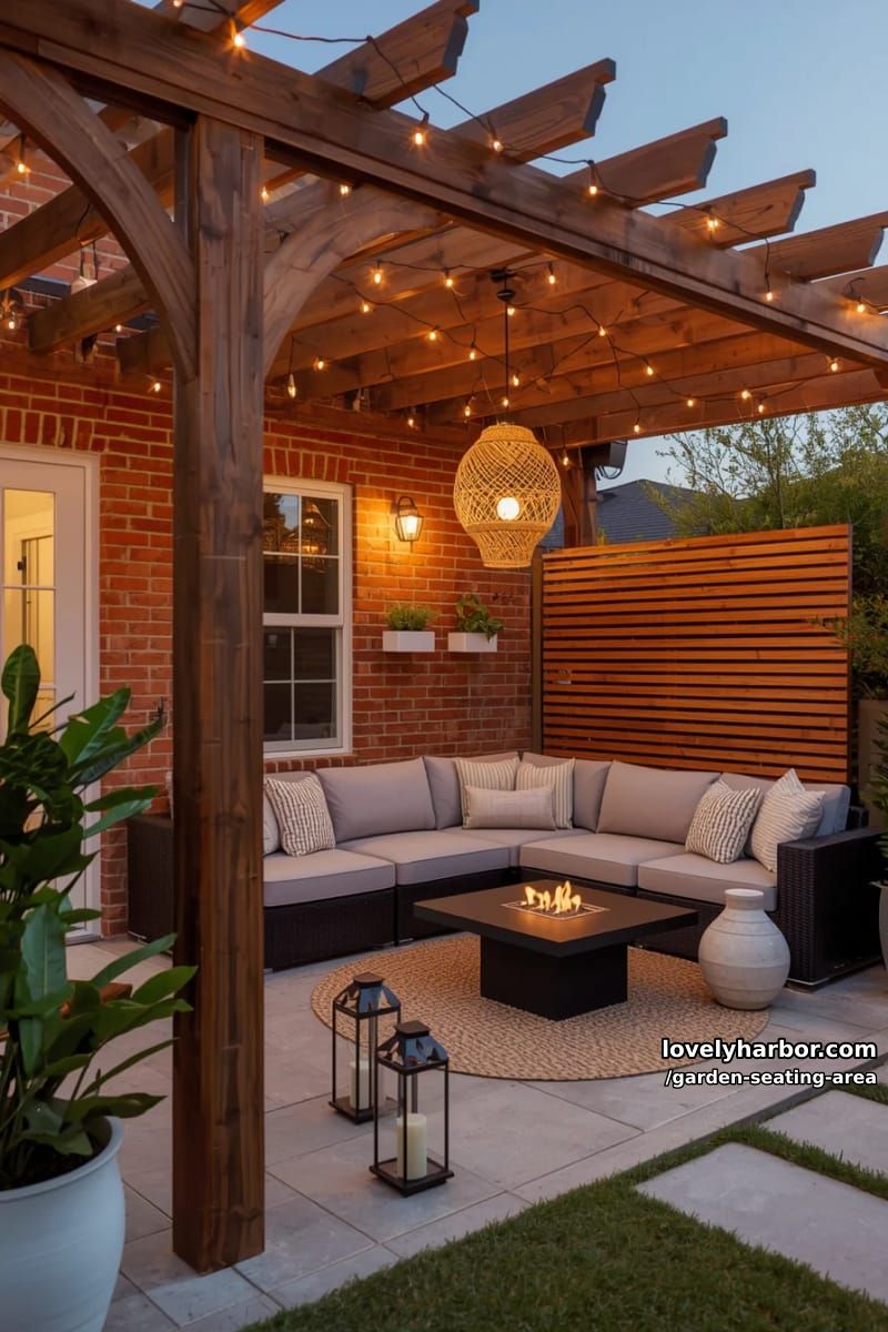 contemporary patio, pergola, fairy lights, light sectional, privacy screen, and fire feature 1