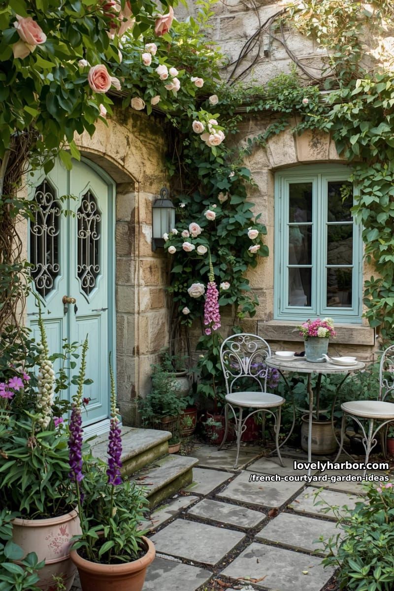 cottage courtyard with stone walls, blue door, rose bushes, and rustic seating. 1