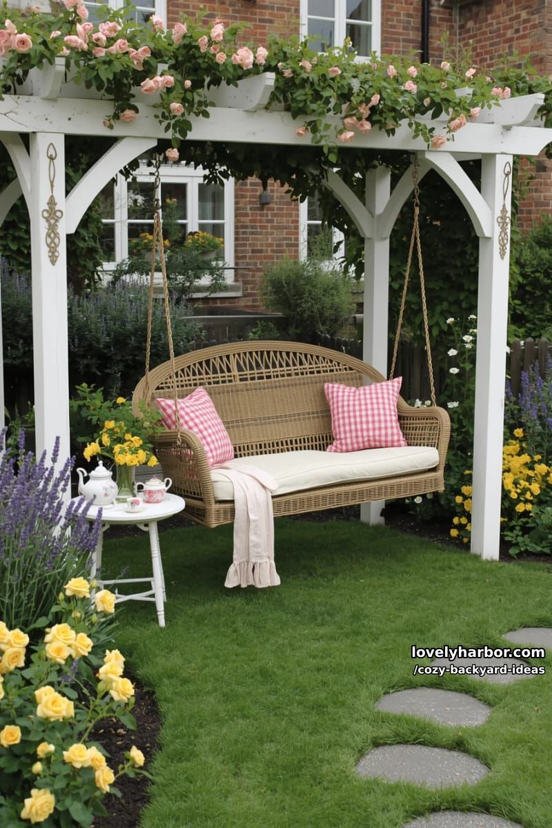cottage garden with white pergola, swing seat, pink roses, and stone path 1