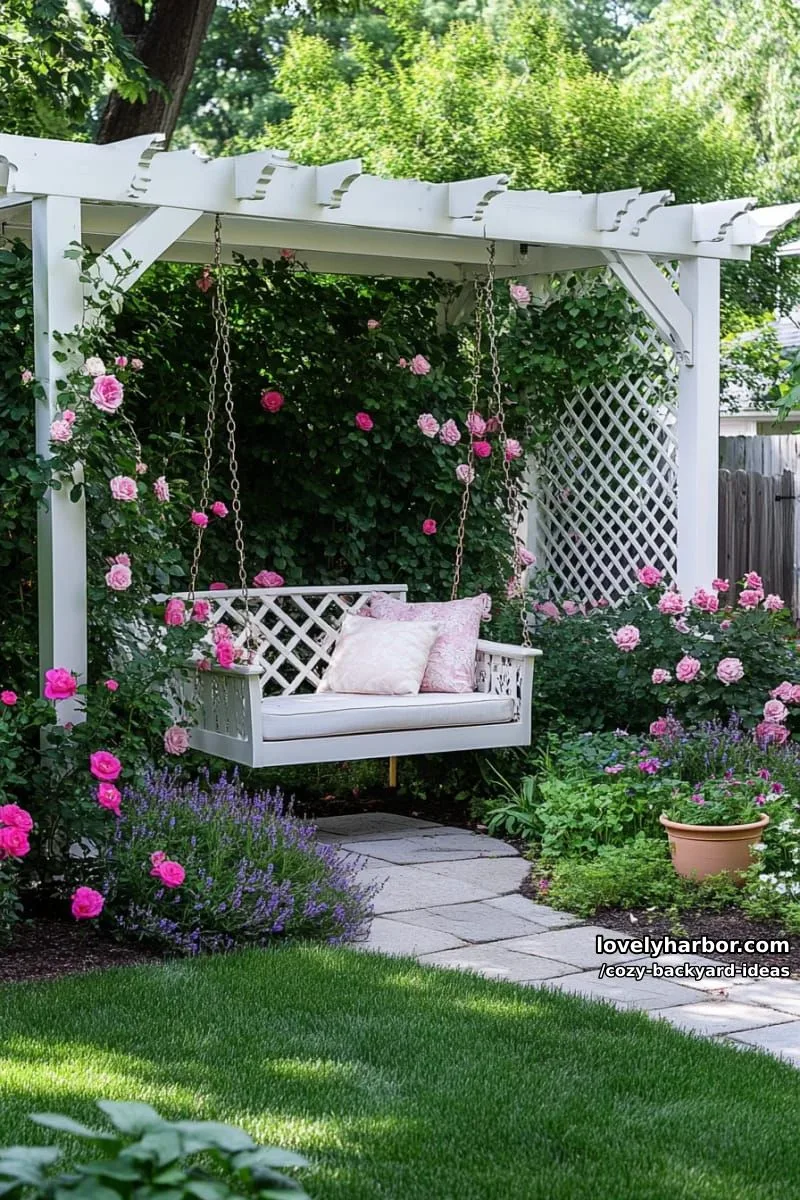 20 Cozy Backyard Ideas You Must Try 41 cottage garden with white pergola, swing seat, pink roses, and stone path 1