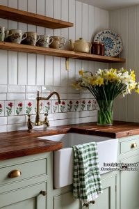 country kitchen with sage cabinets, red floral tile, and open wooden shelves. 73