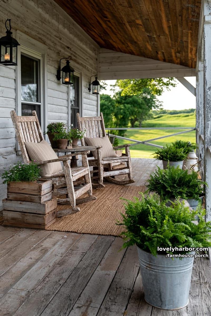 country porch with distressed rocking chairs, jute rug, metal buckets, and stacked crates. 1