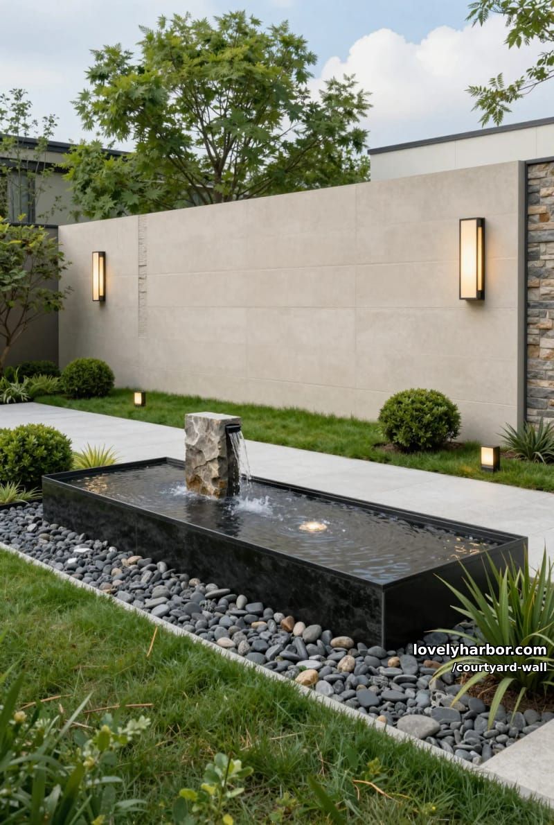 courtyard garden with beige concrete wall, water feature, and manicured landscaping 1