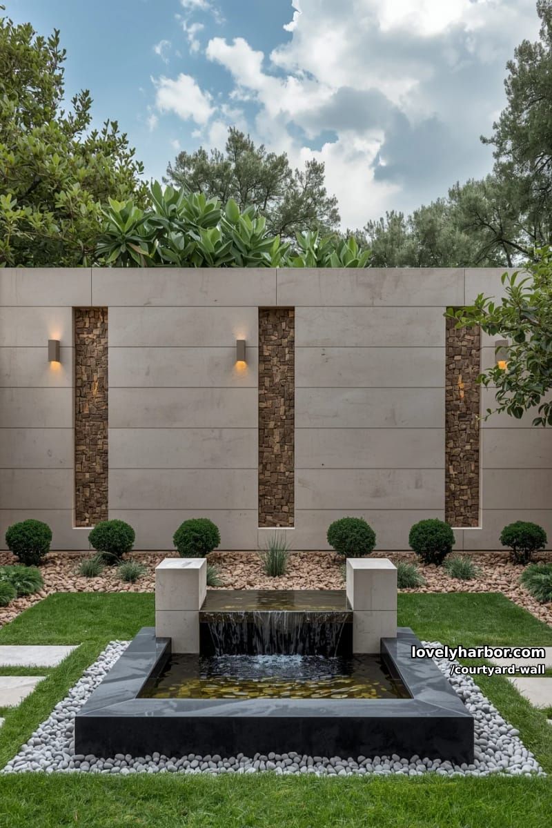 courtyard garden with beige concrete wall, water feature, and manicured landscaping 1
