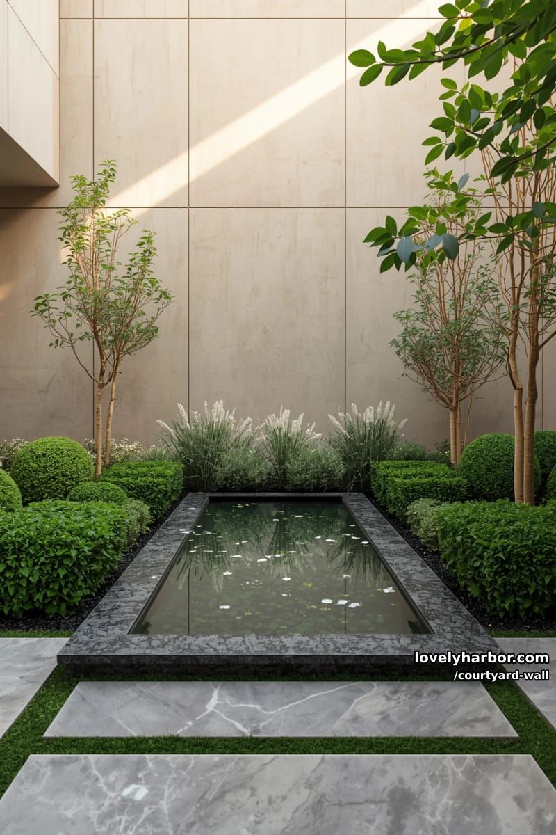 courtyard garden with beige concrete wall, water feature, and manicured landscaping 1
