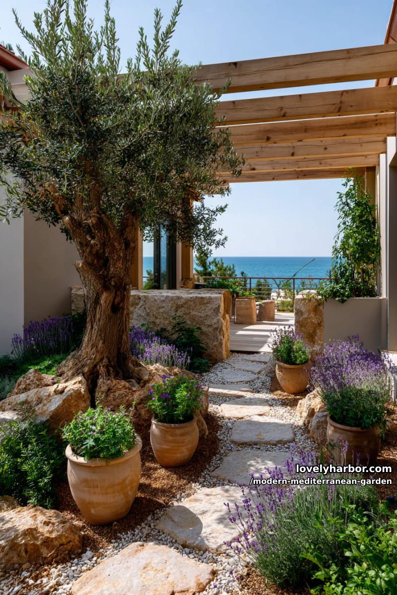 courtyard pathway with terracotta pots, lavender, olive tree under pergola, sea view. 1