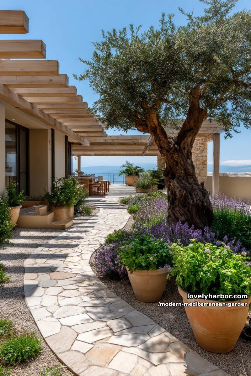 courtyard pathway with terracotta pots, lavender, olive tree under pergola, sea view. 1