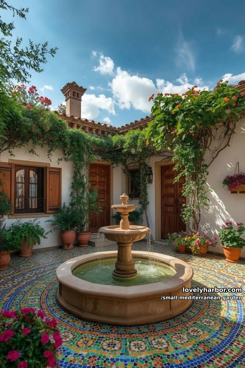 courtyard with central fountain, flowering vines, terracotta pots, mosaic floor. 1