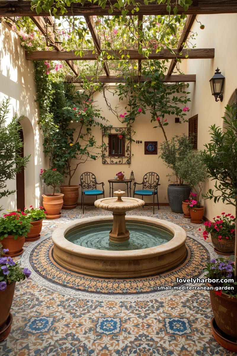 courtyard with central fountain, flowering vines, terracotta pots, mosaic floor. 1