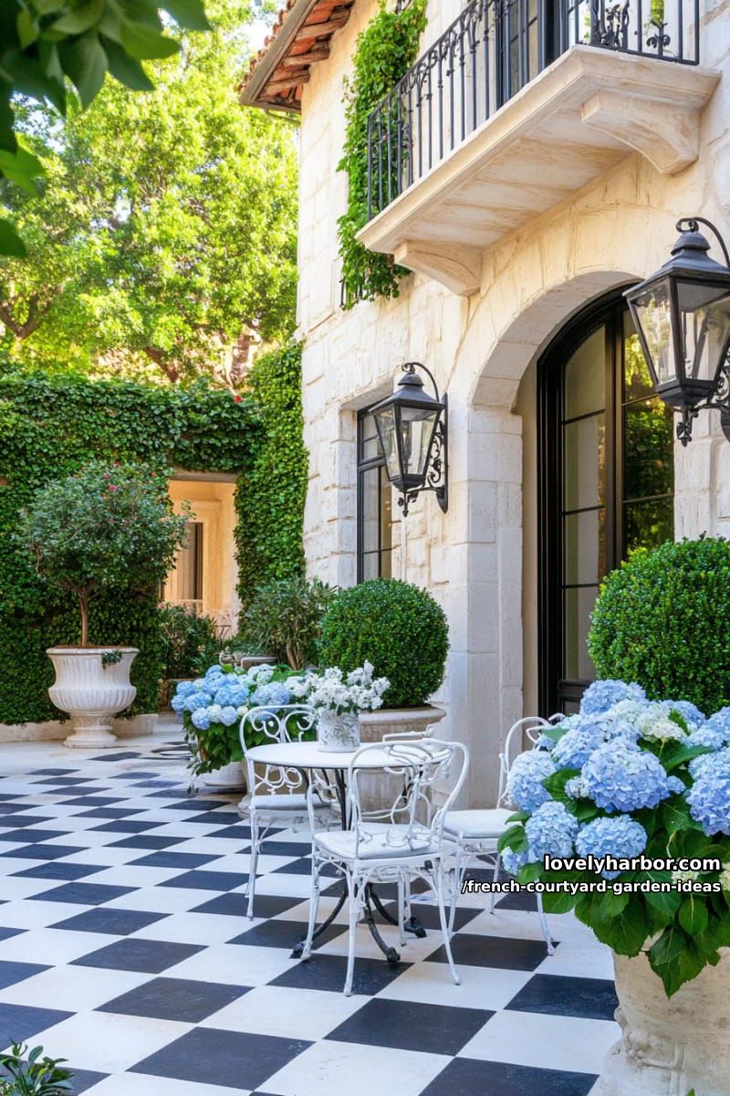 courtyard with checkered tile floor, white furniture, topiary, hydrangeas, and ivy walls. 1