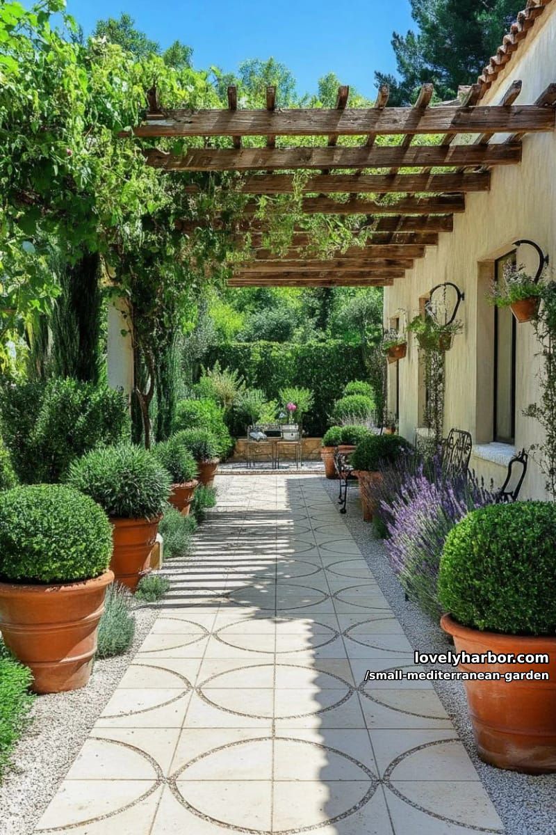 courtyard with geometric paths, terracotta pots, pergola, manicured shrubs. 1