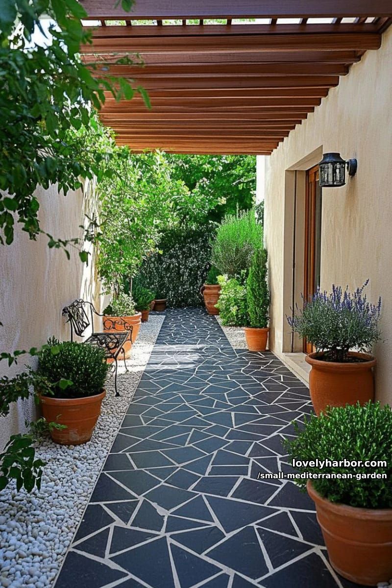 courtyard with geometric paths, terracotta pots, pergola, manicured shrubs. 1