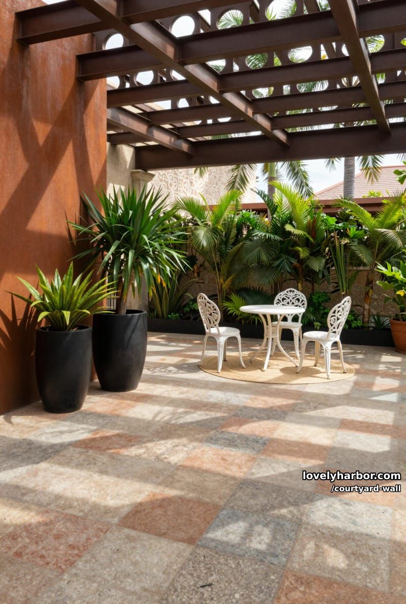 covered patio with geometric steel beams, rust wall, and tropical planters 1