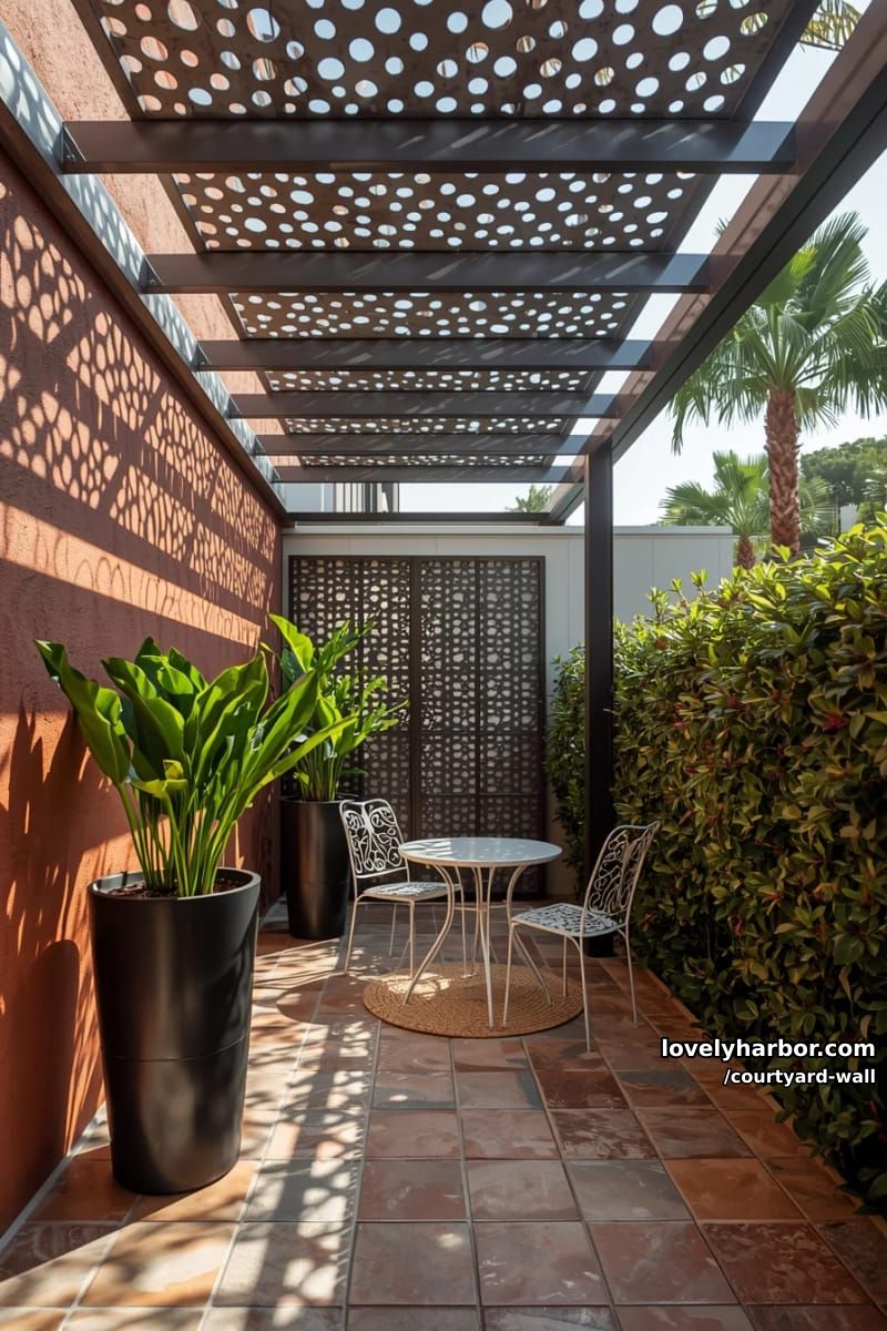 covered patio with geometric steel beams, rust wall, and tropical planters 1