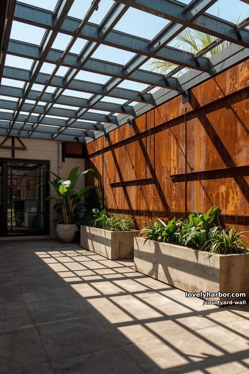 covered patio with geometric steel beams, rust wall, and tropical planters 1