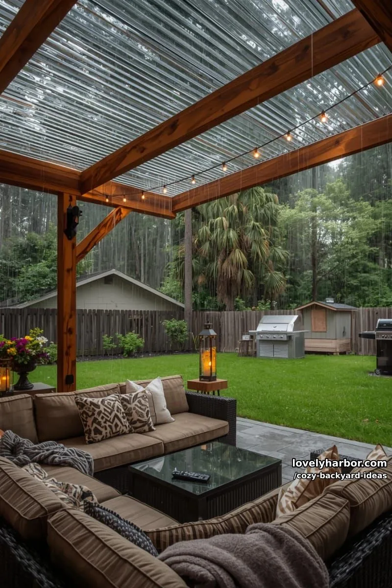 20 Cozy Backyard Ideas You Must Try 10 covered patio with string lights, sectional sofa, and rain outside 1
