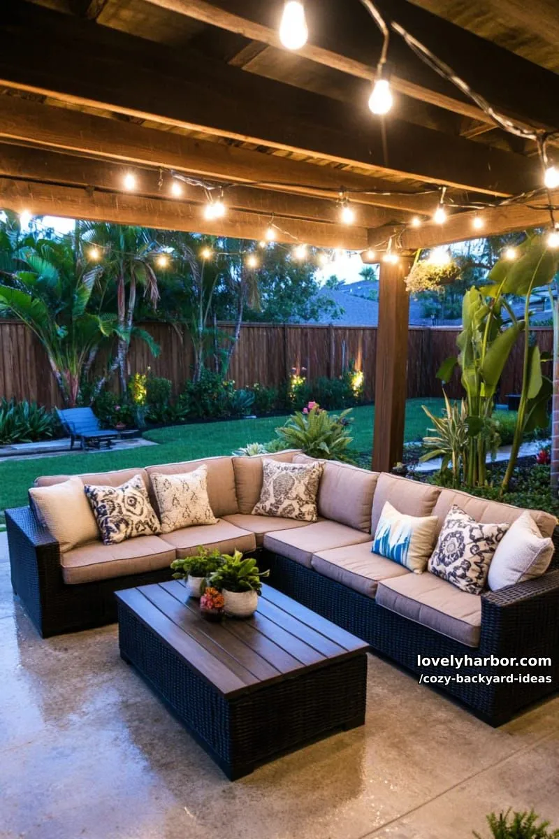 20 Cozy Backyard Ideas You Must Try 11 covered patio with string lights, sectional sofa, and rain outside 1
