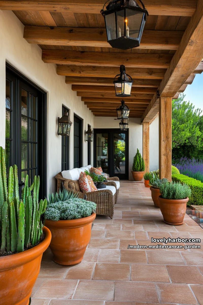 covered patio with wooden beams, terracotta pots, cacti, succulents, and black-framed windows. 1