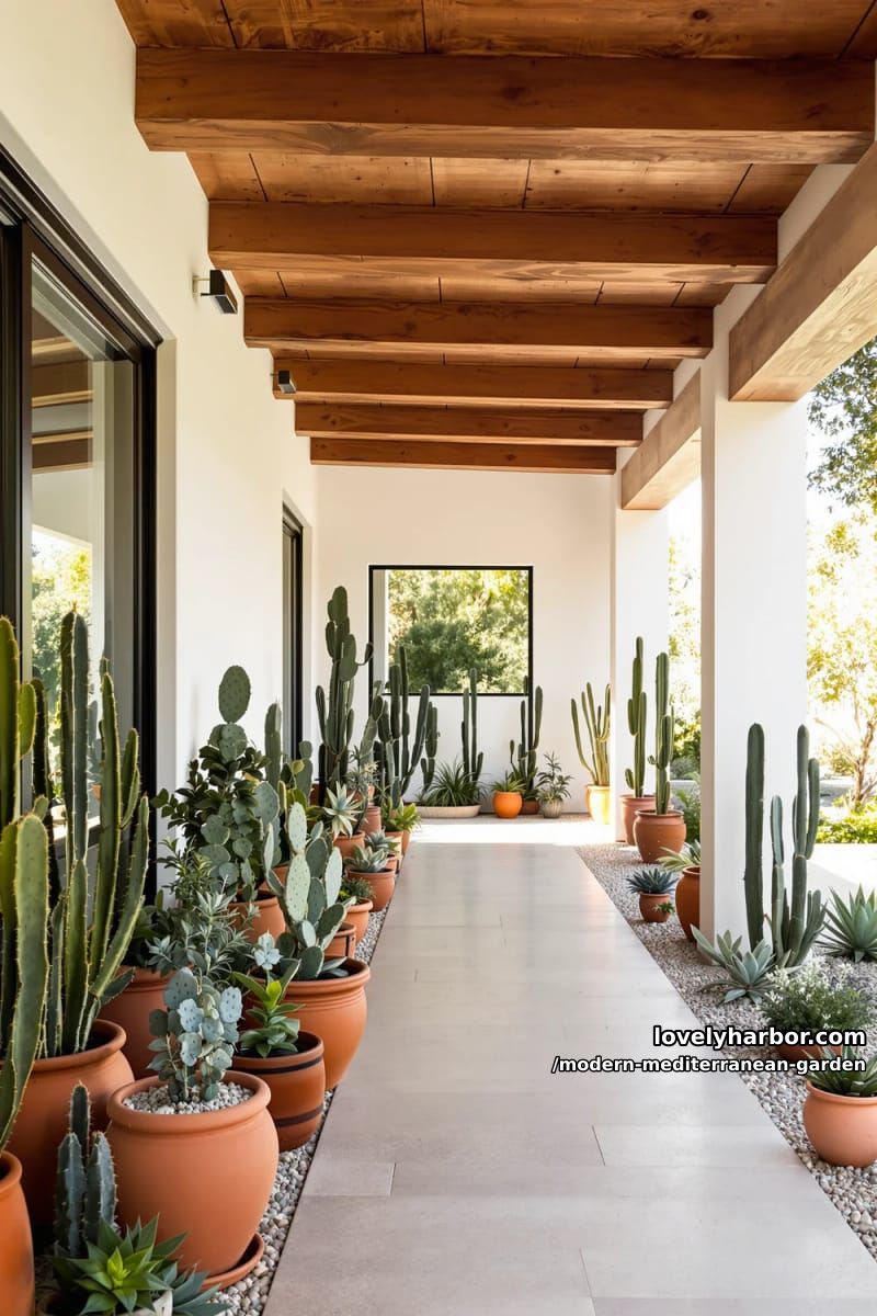 covered patio with wooden beams, terracotta pots, cacti, succulents, and black-framed windows. 1