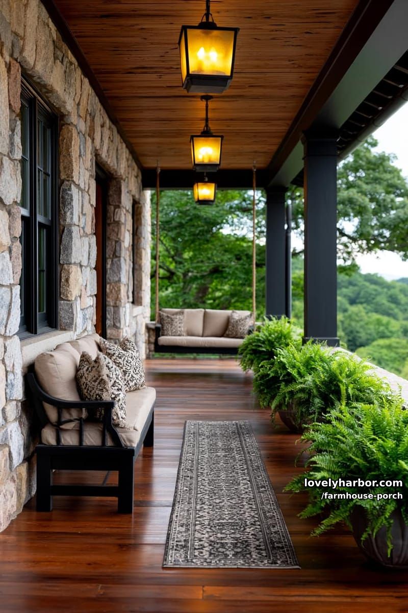 covered porch with stone walls, black bench, swing, black lanterns, and potted ferns. 1
