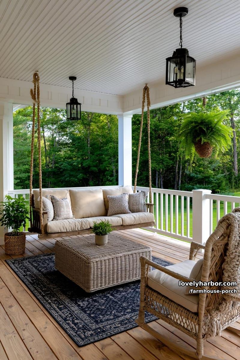 covered porch with swing sofa, wicker ottoman, area rug, and hanging fern. 1