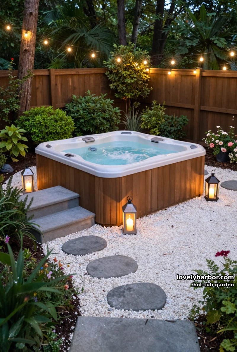 cozy backyard hot tub with string lights and lush greenery. 1