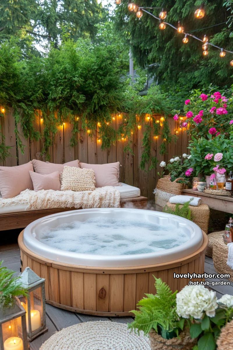 cozy backyard hot tub with string lights and lush greenery. 1