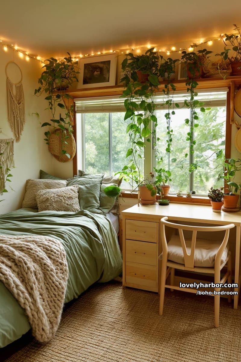 cozy bedroom corner with sage bedding, trailing vines, and macrame wall art. 1