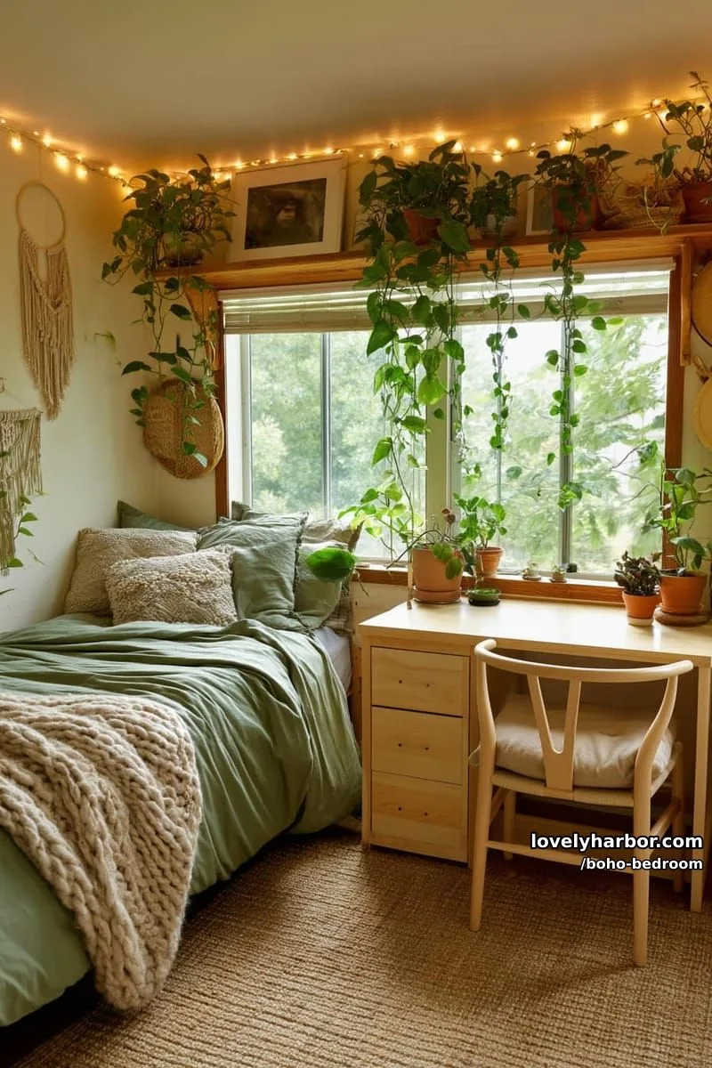 cozy bedroom corner with sage bedding, trailing vines, and macrame wall art. 1