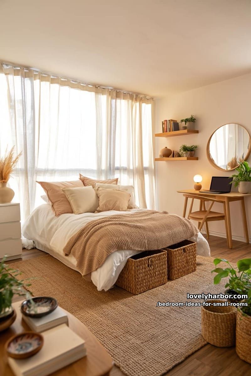 cozy bedroom with double bed, woven baskets, and neutral decor. 1