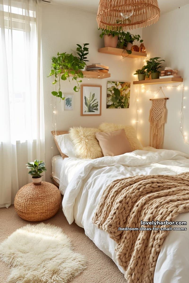 cozy bedroom with floating shelves, string lights, and botanical decor. 1