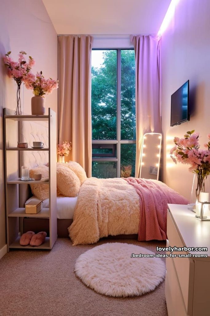 cozy bedroom with tufted headboard, soft lighting, and pink accents. 6