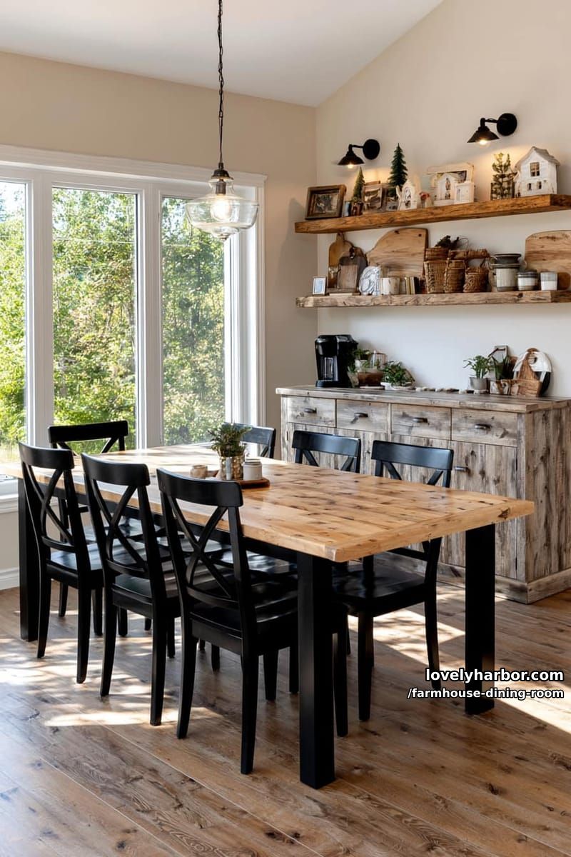 cozy dining area with light wood table, black chairs, rustic sideboard, wall shelves, pendant light. 1