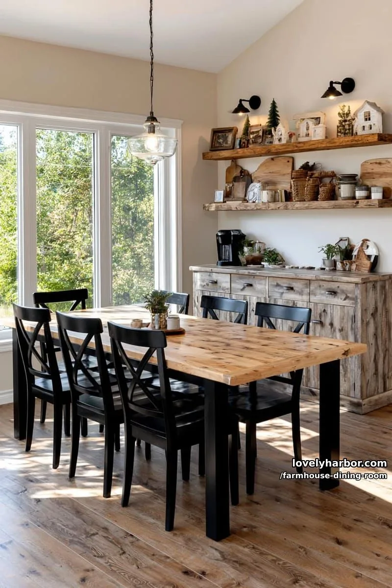 44 Rustic Farmhouse Dining Rooms to Inspire Your Space 40 cozy dining area with light wood table, black chairs, rustic sideboard, wall shelves, pendant light. 1