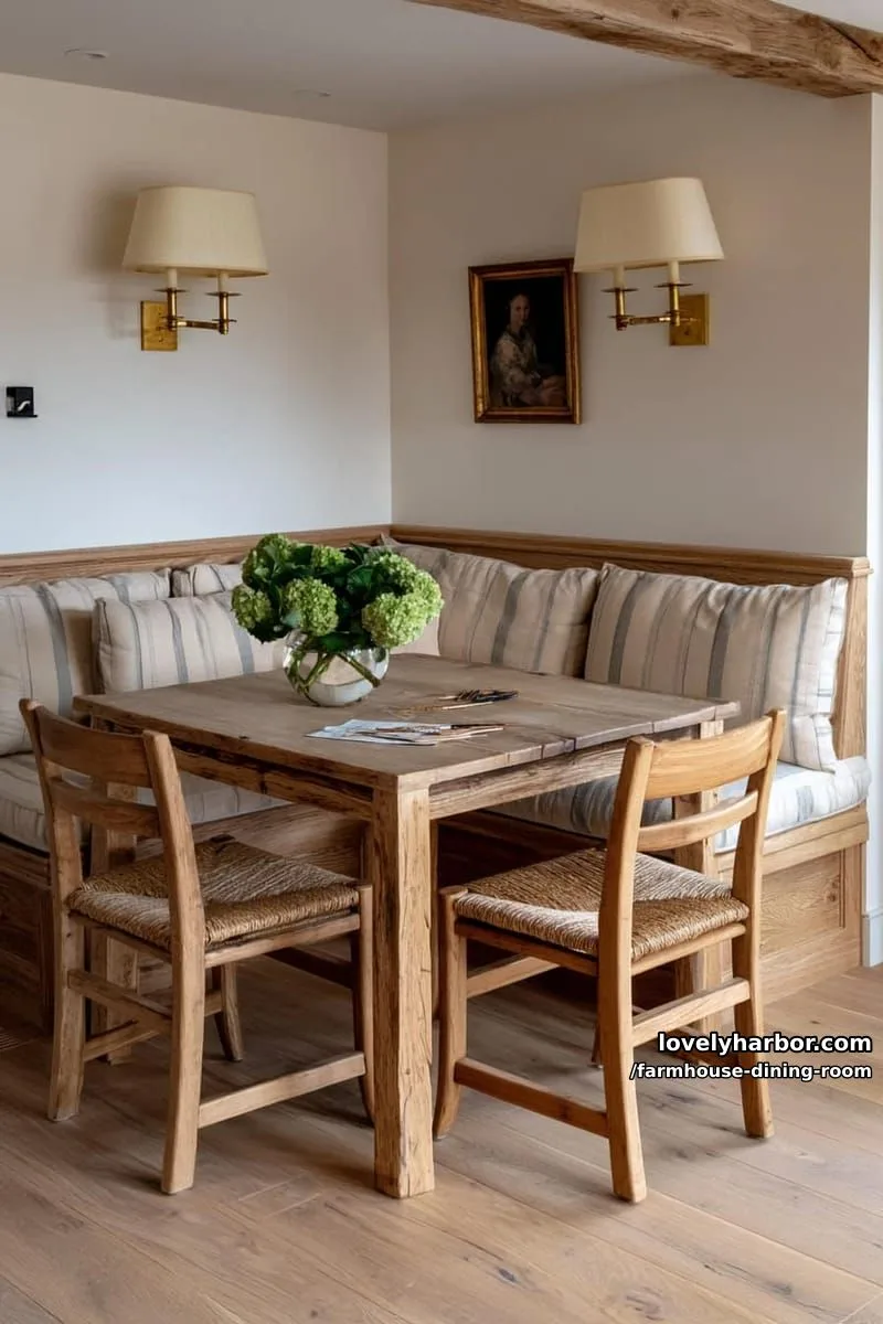 44 Rustic Farmhouse Dining Rooms to Inspire Your Space 37 cozy dining nook with l-shaped bench, rush seat chairs, hydrangea vase, striped cushions. 1