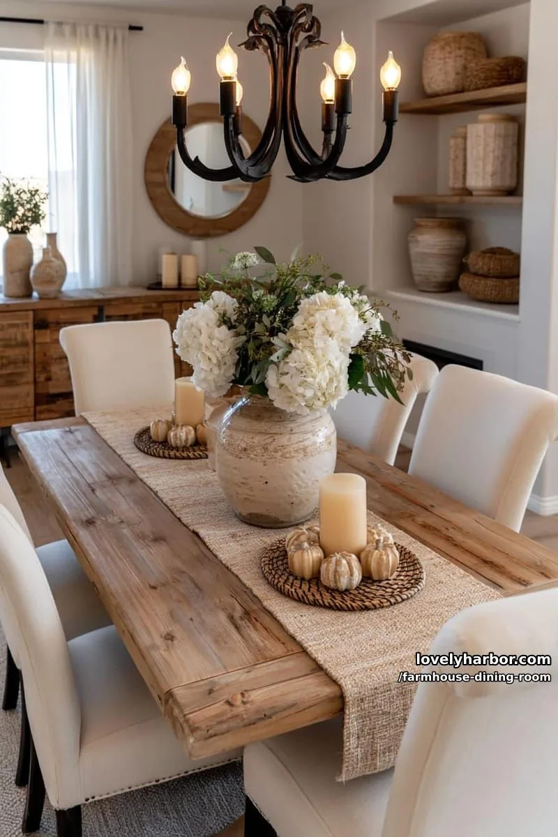 44 Rustic Farmhouse Dining Rooms to Inspire Your Space 16 cozy dining room with cream chairs, woven runner, hydrangea centerpiece, iron chandelier. 1