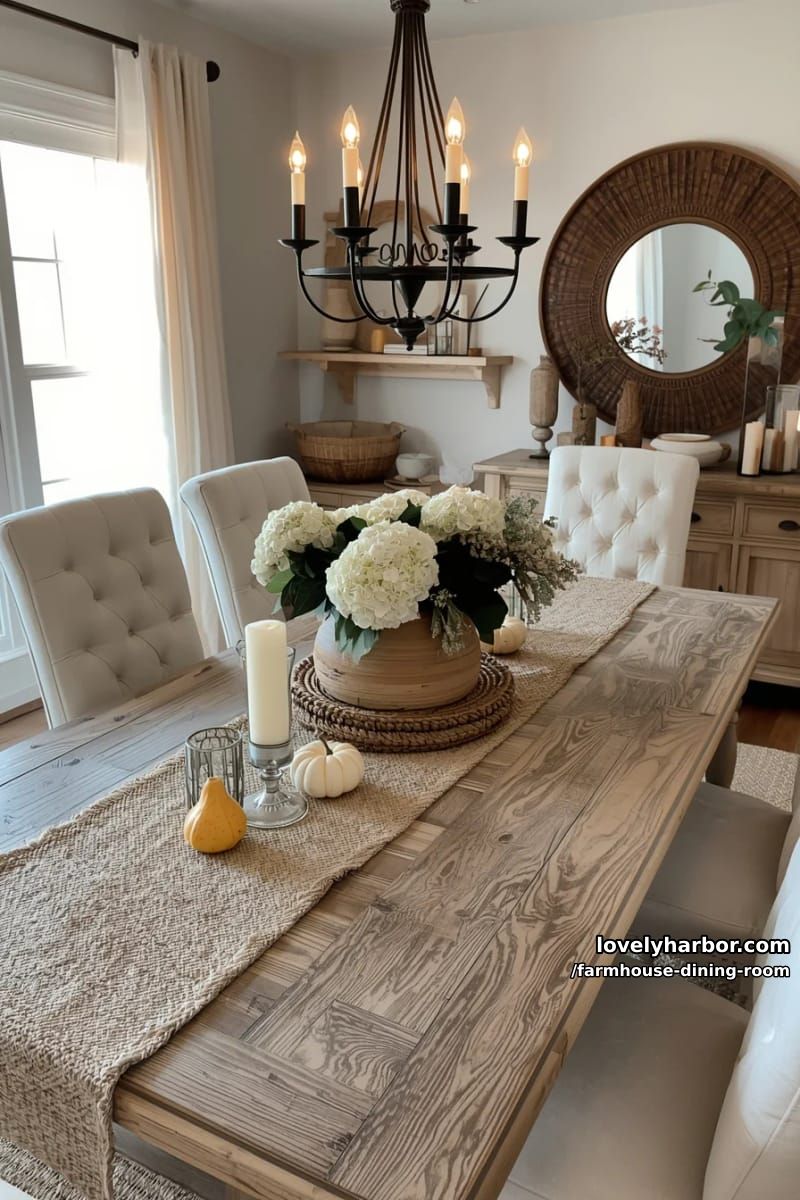 cozy dining room with cream chairs, woven runner, hydrangea centerpiece, iron chandelier. 1