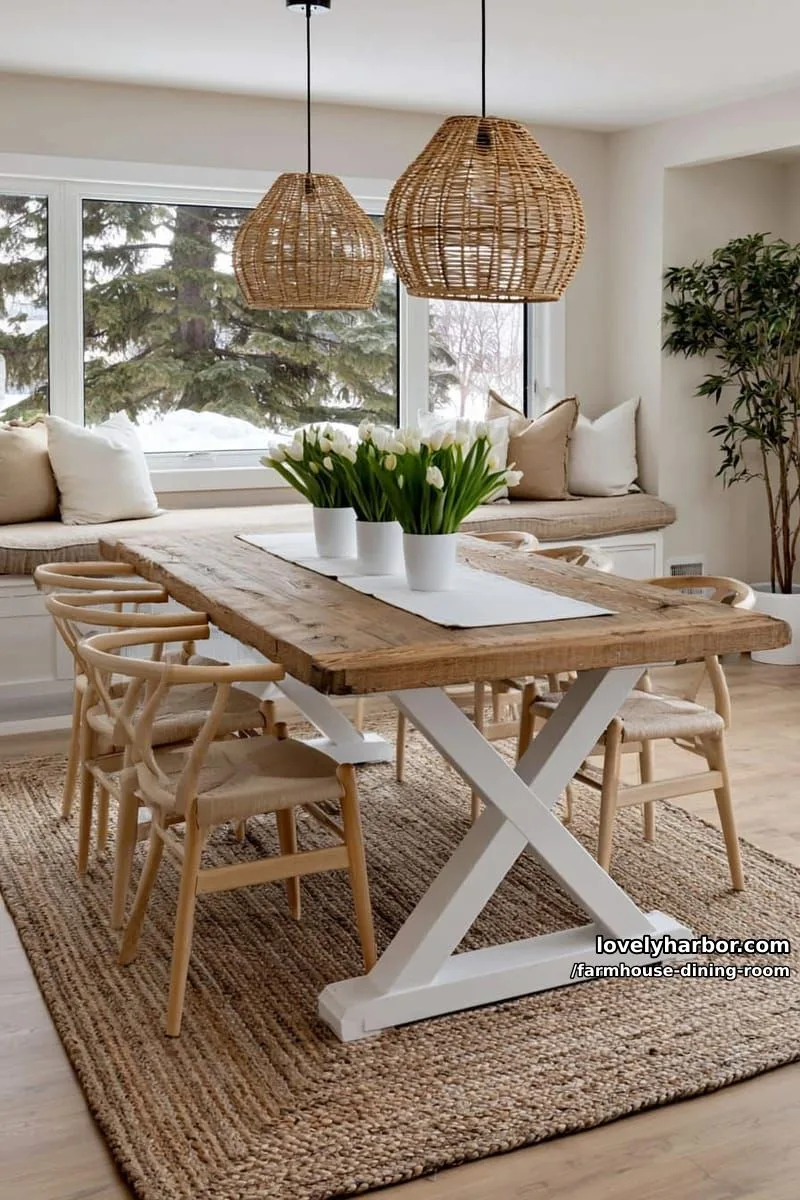 44 Rustic Farmhouse Dining Rooms to Inspire Your Space 29 cozy dining room with x-frame table, woven chairs, tulip pots, rattan pendants, window seat. 1